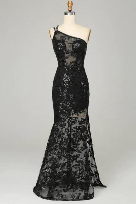 Sheath One Shoulder Backless Black Lace Long Prom Dress