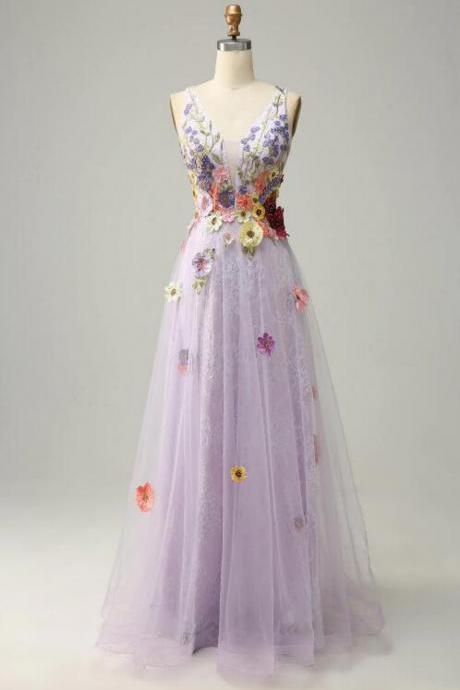 A Line Deep V Neck Lavender Long Prom Dress With Appliques