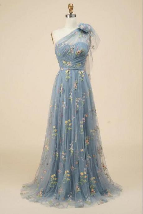 A-Line Grey Blue Long Prom Dress With Embroidery