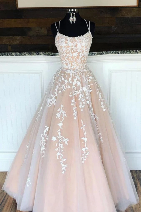 Spaghetti Straps A Line Appliques Tulle Lace up Pink Prom Dresses