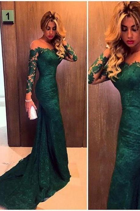 Ulass 2016 Dark Green Evening Gowns Long Sleeves Off the Shoulder Lace Elegant Mermaid Prom Dresses