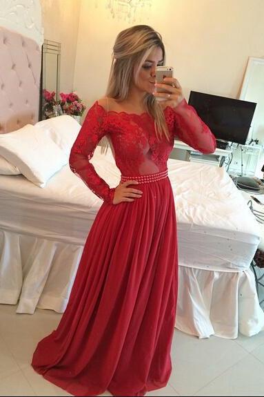 Ulass2016 Long Sleeves Prom Dresses Chiffon Pearls Beaded Red Fuchsia Sheer A-line Evening Gowns