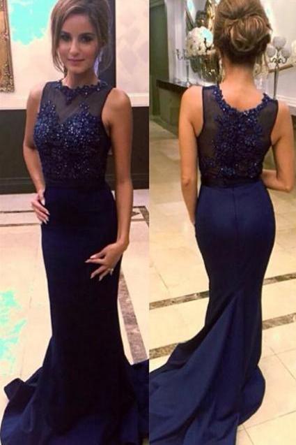 Ulass 2016 Mermaid Sleevesless Prom Dresses Appliques Court Train Evening Gowns with Beadings