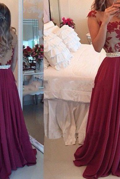 Ulass Sheer Lace Black Chiffon Prom Dresses Capped Sleeves Pearls Belt Open Back Modest Formal Long Evening Gowns