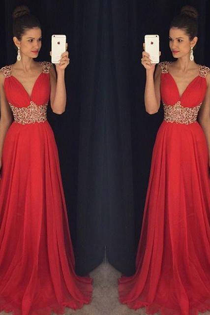 Ulass 2016 Red Long Prom Dresses V Neck Crystals Beaded Chiffon A-line Vintage Evening Gowns for Teens