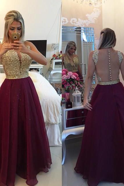 Ulassgold Lace Applique Burgundy Prom Dresses 2016 Sheer Tulle Floor Length Graduation Dress