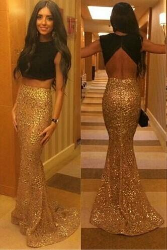 Ulass Two Pieces Prom Dresses Black and Golden Crew Neck Sequins Hollow Backless Fashion Mermaid Evening Gowns 2016