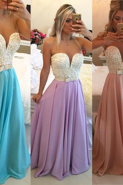 Ulass 2016 Pearls Chiffon Prom Dresses Sweetheart Neck Sheer Open Back Long Formal Evening Gowns
