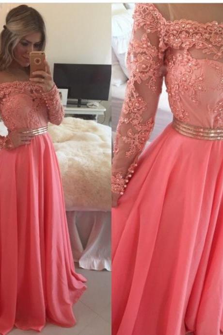 Ulass New Lace Chiffon Evening Gowns Sheer Illusion Long Sleeves Beaded Prom Dresses