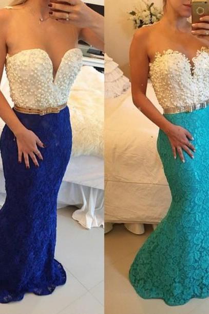 Ulass Elegant Lace Mermaid Prom Dresses Sweetheart Sash Bow 2016 Evening Gowns with Beadings