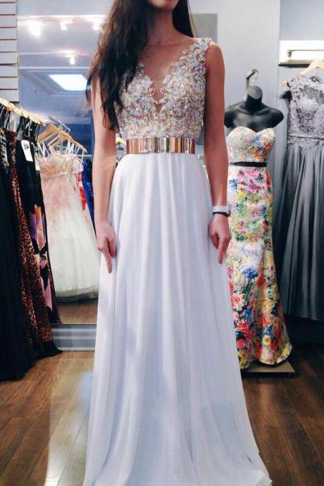 Ulass Crystals Beaded Chiffon Backless Prom Dresses Gold Metal Belt Luxury Evening Gowns