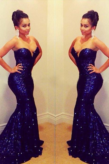 Ulass Sexy Sweetheart Mermaid Floor Length Royal Blue Sequined Prom Dresses 2016