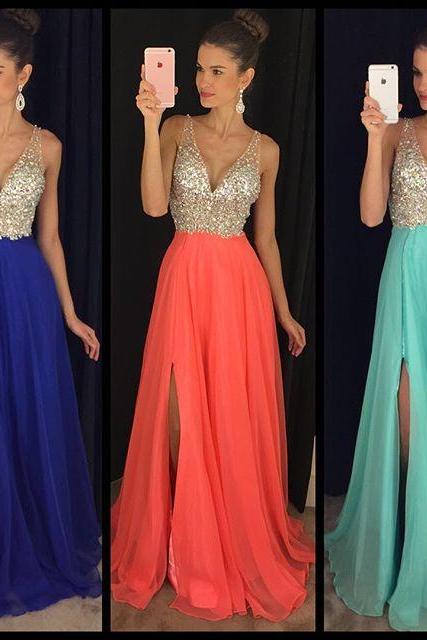 Ulass 2016 Chiffon Long Prom Dresses V Neck Crystals Side Split Royal Blue Sexy Evening Gowns