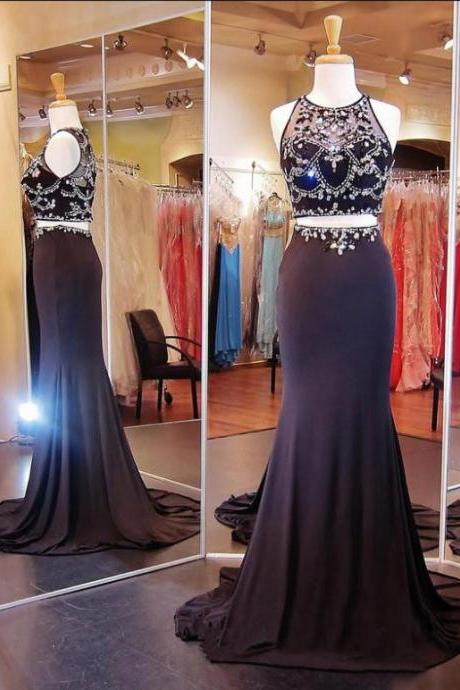 Ulass Honorable Prom Dress/Evening Dress - Black Mermaid Two Piece with Rhinestone