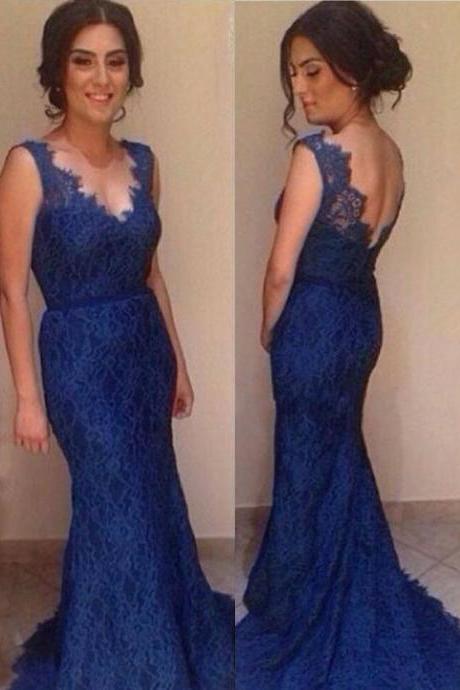 Ulass Mermaid Prom Dress/Evening Dress - Royal Blue V-Neck Lace 2016 Prom Dresse