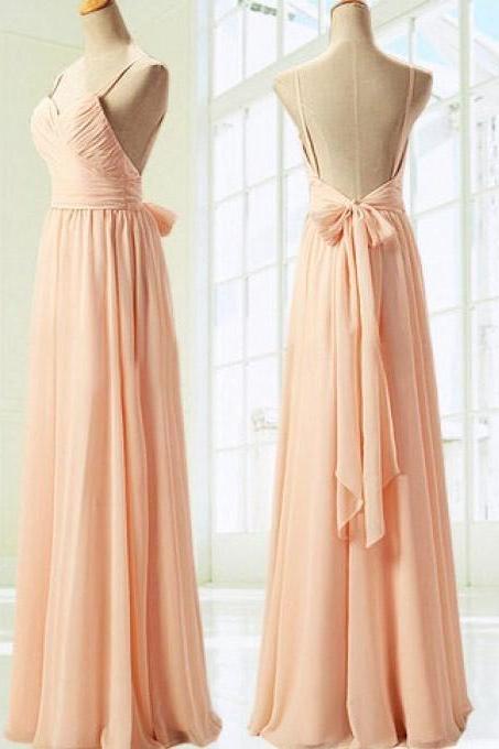 Ulass Simple Dress Elegant Spaghetti Sweetheart Long Peach Chiffon Ribbon Prom/bridesmaid Dress