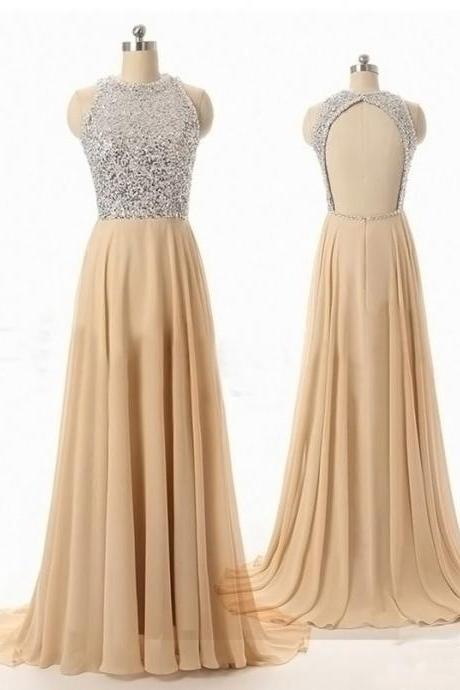 Ulass Simple Dress Sparkle Scoop A-line Open-back Long Chiffon Prom /evening Dress 2016