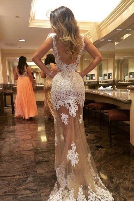 Ulass Generous Prom Dress/evening Dress - Champagne Tulle Backless With White Lace Appliques 2016