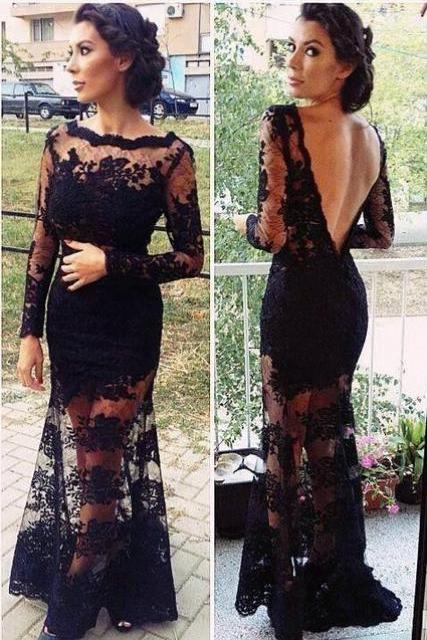 Ulass Sheer-Illusion-Neck-Backless-Long-Prom-Dresses-Black-Appliques-Lace-Long-Sleeve-Mermaid-Evening-Dresses-Top Selling