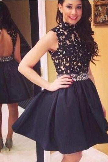 Ulass Lace Top Black Short Homecoming Dresses 2016 Cut Out Back High Neck Sleeveless Teens Prom Party Gowns Sexy Club Dress