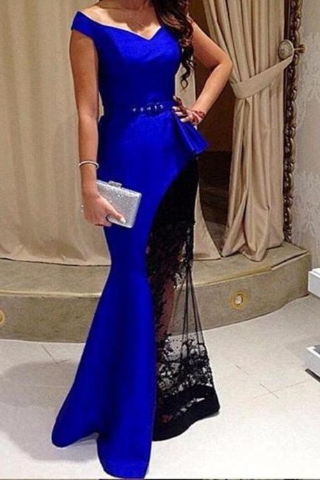 Ulass Blue Long Mermaid Evening Dresses V Neck Sleeveless With Black Tulle Elegant Pleat Applique Custom Made Floor-length Formal Gown
