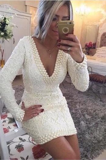 Ulass New Arrival Straight V Neckline Long Sleeve Evening Dresses sHORT Women White Lace Evening Dress 2016