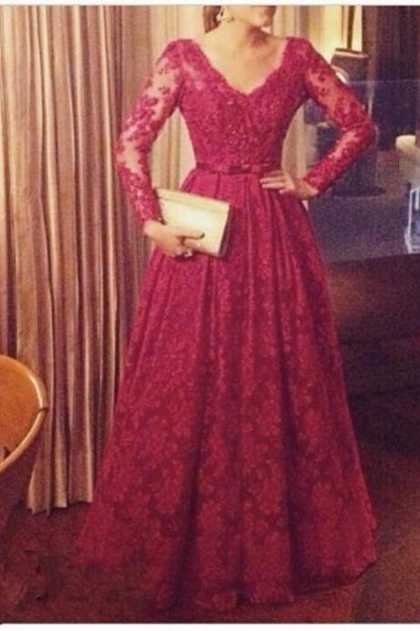 Ulass Elegant Lace Prom Dresses V Neck Regular Fulle Sleeve With Long Custom Made Lace A Line Floor-Length Formal Gown 2016 New