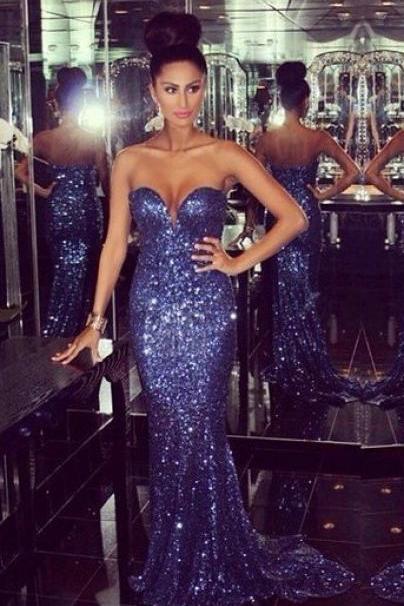 Ulass Bling Bling Sweetheart Mermaid Chapel Train Dark Blue Sequins 2016 Prom Dress Long Prom Gowns On Sale Pageant Gowns Party Dress