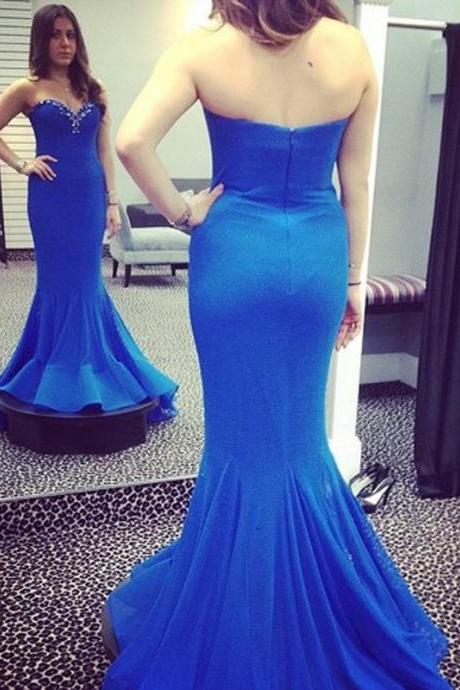 Ulass Off the Shoulder Blue Mermaid Evening Dresses Sweetheart Sleeveless Backless Beads Elegant Satin Sweep Train Formal Dress 2016