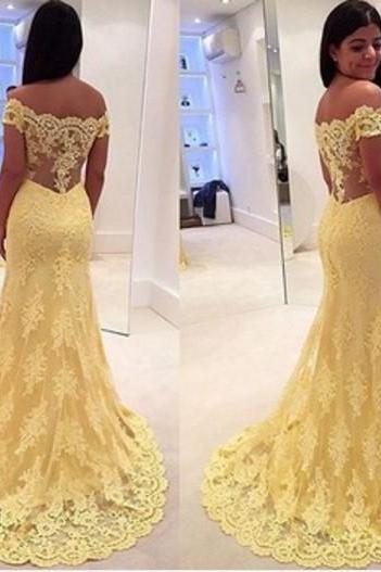 Ulass Mermaid Prom Dress 2016 Yellow Off the Shoulder Sleeveless Trumpet with Appliques Lace Tulle vestido formatura Evening Dress