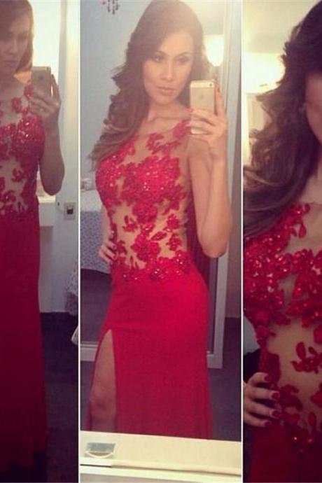 Ulass 2016 Design Long Red Fitted Prom Dress Sexy High Slit Women Pageant Gowns Lace Appliques Bodice Dresses