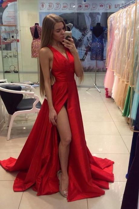 Ulass 2016 Long Red Prom Dress Sexy High Slit Taffeta Prom Gowns V Neck Elegant Women Formal Gowns
