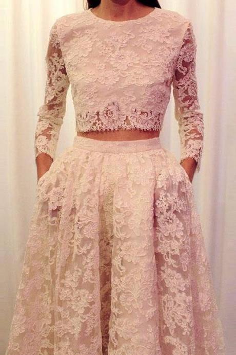 Ulass Fashionable 2016 2 Piece Prom Dresses Long Sleeve Lace White Prom Gowns vestidos de noche