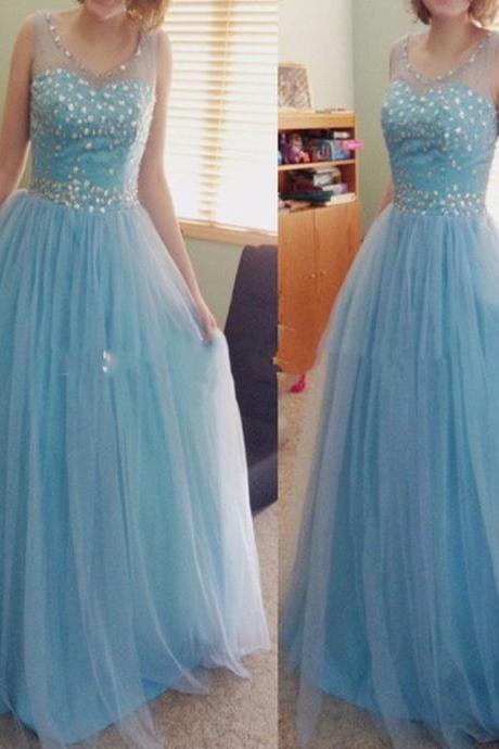 Ulass Light Blue Prom Dresses Long 2016 Style Crystal Beaded Bodice Tulle Fashion Dress