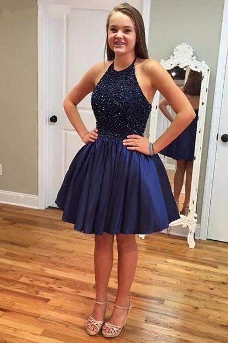 UlassNavy Blue Prom Dresses Short 2016 Beaded Halter Cheap Homecoming Dress Sexy Backless Graduation Gown