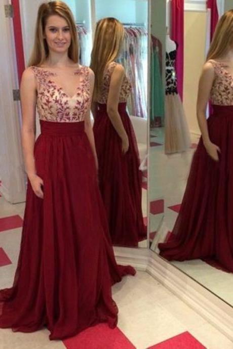 Ulass 2016 Style Burgundy Prom Dress Long Chiffon Homecoming Dresses Lace Appliques Bodice Party Gown
