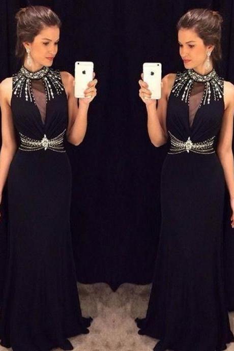 Ulass Design Black Long Prom Dresses High Neck With Beads Mermaid Prom Gown 2016 Vestidos De Noche