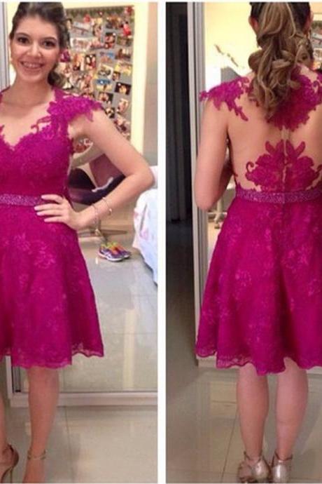 Ulass Elegant Fuchsia Prom Dresses Lace Cap Sleeve Beading Belt Fashion Women Party Gown