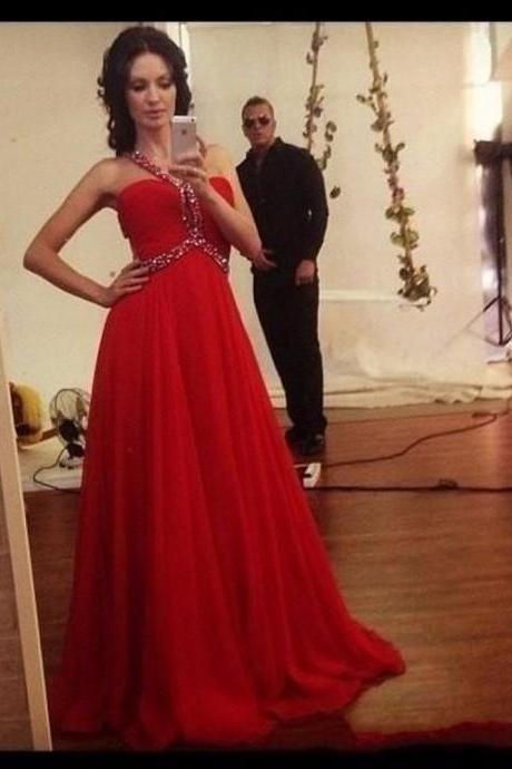 Ulass 2016 Elegant Halter Long Chiffon Prom Dresses Full Beaded Bodice Red Prom Gowns Women Party Dress
