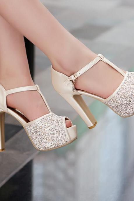 Peep-Toe Glittery High Heel Pumps with Charm Embellishments 