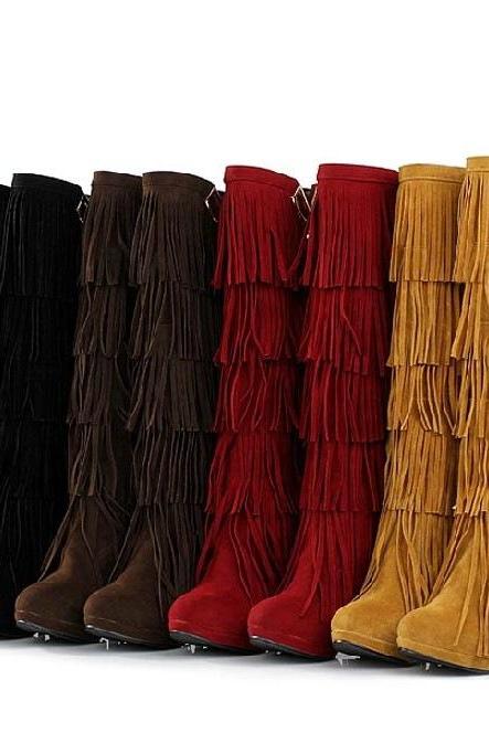 Pointed-toe Layered Fringe Knee-high Snow Boots