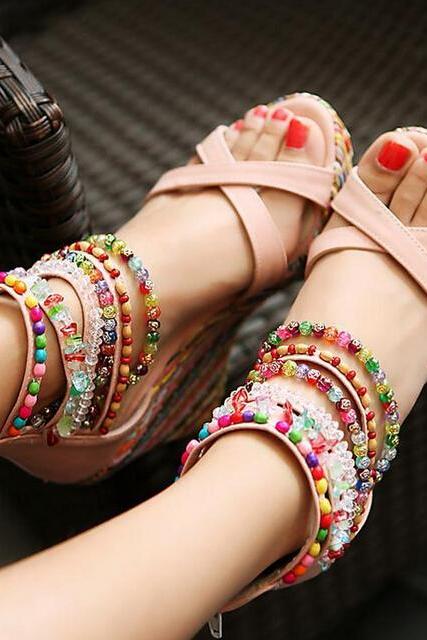 Multi-coloured Criss-Cross Wedge Sandals with Assorted Ankle Strap Beading