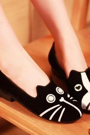 Cute Black Cat And Dog Velvet Block Heel Flats 