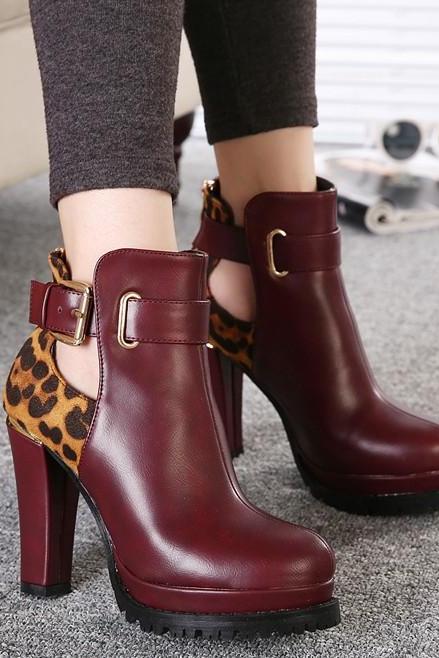 Burgundy Chunky Heel Ankle Boots with Leopard Print and Cutout Detailing