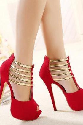 Ulass Red Heels 2016 summer fashion sexy Classy Red And Gold Peep Toe High Heels Sandals