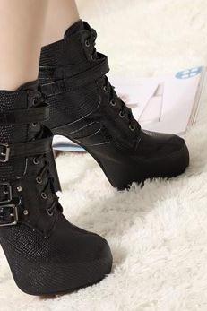 Ulass Black PU Fabric Sexy Vintage Style Buckle Ultra High Heel Faux Leather Platform Boots