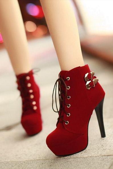 Ulass Hot Sale Red ,Black,Brown Lovely Faux Suede Women High Heel Boots