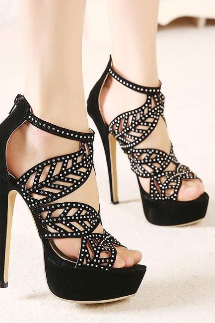 Black Leaves Hollow Cut Out High Heels Stiletto Sandals Shoes