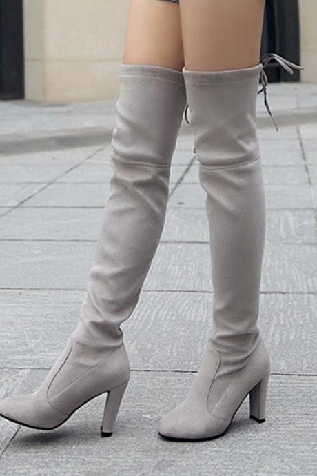 Faux Suede Rounded-Toe High Heel Over-The-Knee Boots 