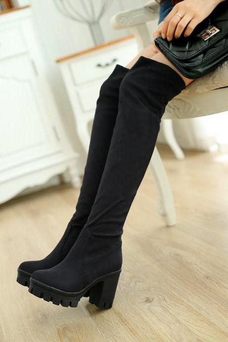 Ulass Women Faux Suede Stretch Tight Over the Knee Boots Sexy Fashion Thick Heels High Boots Shoes Black Brown